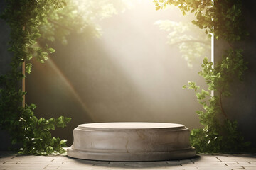 Empty stage for a presentation in a romantic elegant backyard with green leaves and illuminated back wall.