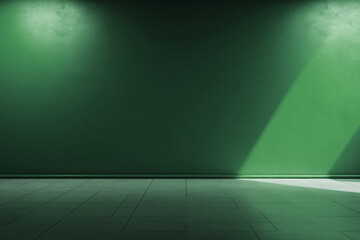 Empty room with a stream of reflected light and shadows that bounce off the empty wall. Abstract universal background for presentation. Greenish interior background.