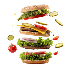 Floating burger ingredients isolated on white background, including lettuce, tomato, pickle, onion, cheese, and beef patty