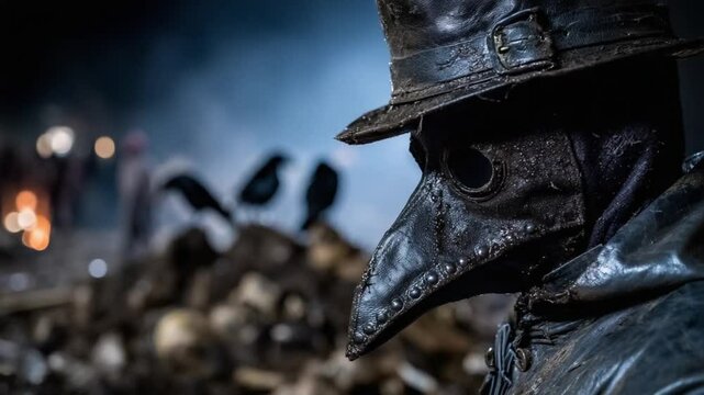 A detailed examination of the bubonic plague's effects shows a figure dressed in historical attire, revealing the dark past and the haunting presence of this disease in society
