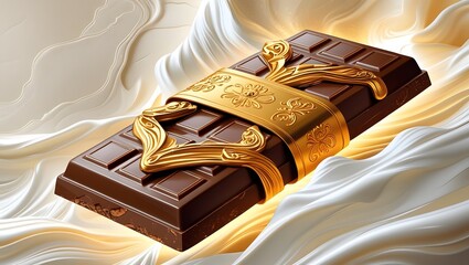 Brown sweet chocolate candy with a golden ribbon bow on a business holiday gift box