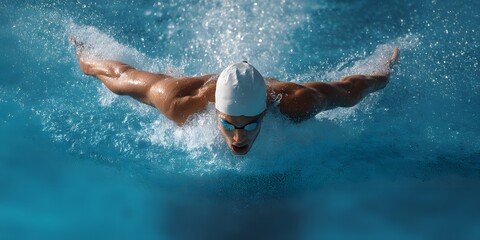 A professional swimmer in competitive swimming gear propelling themselves forcefully through the clear blue water of a swimming pool