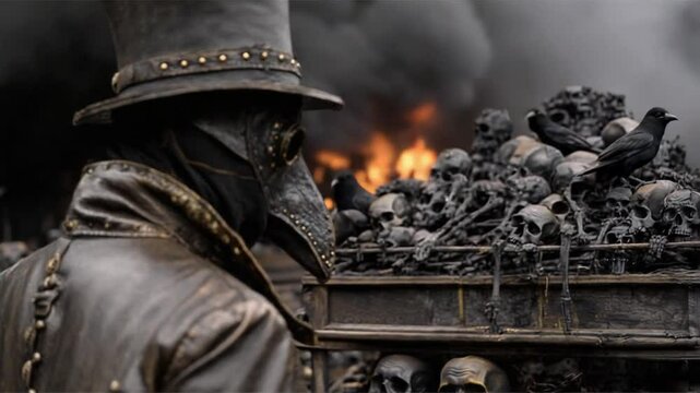 A figure in a plague doctor's outfit stands in front of a pile of skulls, as flames blaze in the background. This portrayal captures the dark atmosphere of the bubonic plague period
