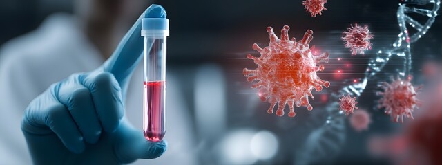 A scientist in a laboratory coat holds a test tube containing a sample as red virus particles are displayed on a computer screen in the background