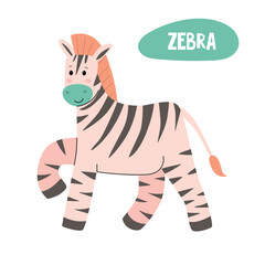 A cartoon zebra with a light pink body and black stripes. It has a green face and orange mane. The zebra is standing and smiling.