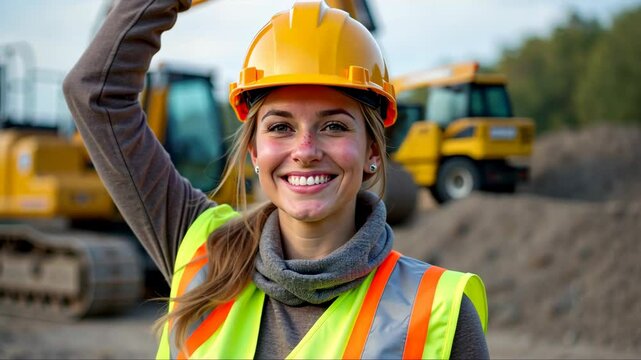 A woman in construction gear, including a hard hat and safety vest, standing on a construction site with her arm raised, concept of successful completion of the preparatory phase of work.