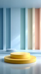 A yellow circular platform elevated on a pedestal standing in a clean pastel colored studio or exhibition space with geometric architectural elements