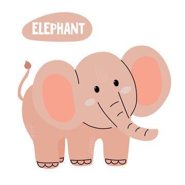 A cute cartoon elephant with large ears and a friendly expression. The elephant is light pink with a small tail and stands on a simple background.