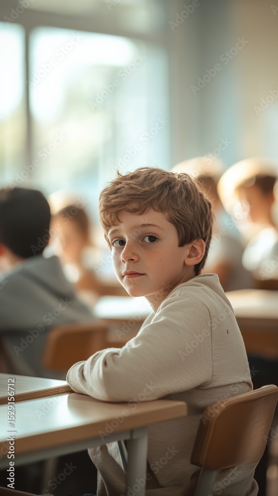 Poster elementary school student sitting at desk in classroom during class, turning head and looking toward