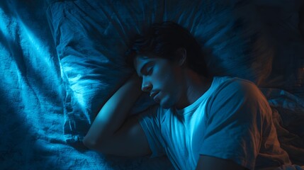 A young man sleeping peacefully on a soft comfortable bed in a dimly lit private bedroom setting surrounded by the tranquility of the night