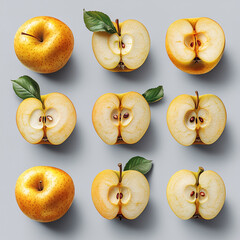 The image shows nine yellow apples on a grey background - whole fruits and their cut halves.