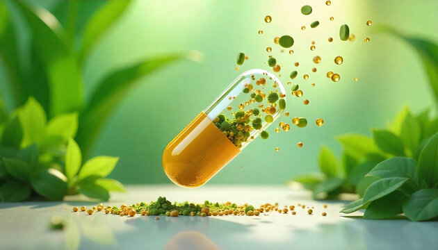 Herbal medicine capsule with natural green and yellow powder particles flying out, surrounded by fresh green leaves, symbolizing health and organic healing
