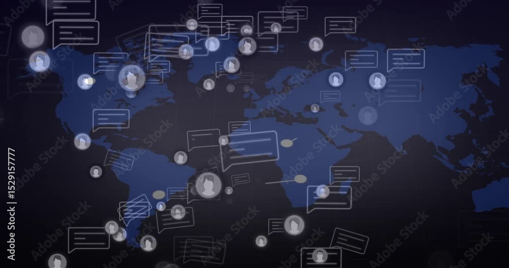 Poster on map fading in avatars appearing and pulsing while lines connecting animating global network