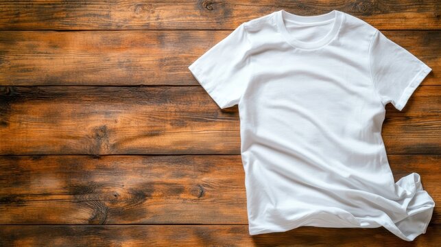 A plain white T-shirt laid on a rustic wooden surface highlights contemporary minimalism, evoking a sense of simplicity and casual comfort in everyday fashion.