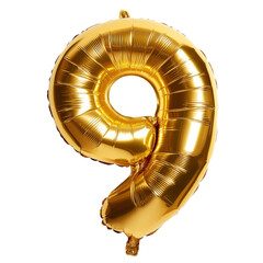 Golden number nine balloon on white background for birthday, celebration or anniversary themes.