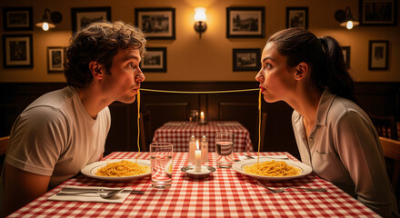 Romantic Date Night With Shared Spaghetti in Cozy Italian Restaurant