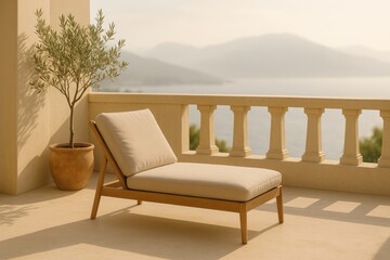 Tranquil balcony oasis with elegant lounger and scenic mountain view for relaxation