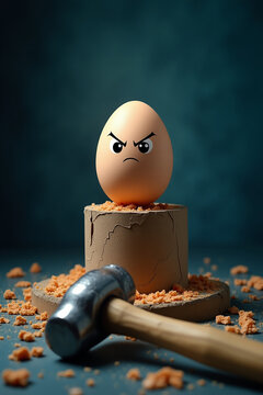 Naklejki An angry egg stands on a broken pedestal, staring down a hammer. It's humorous, symbolizing content rejection on a contributor dashboard.  