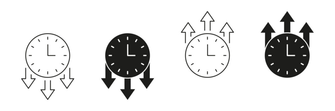 Clock With Arrows Line And Solid Icon Set. Time Management, Efficiency, And Productivity Symbol Collection. Directional Arrows Indicating Increase And Decrease. Isolated Vector Illustration