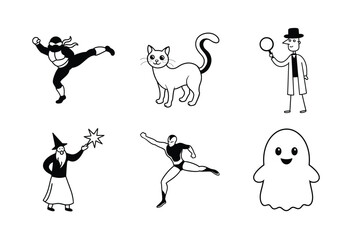 Cartoon Character Set: Ninja, Cat, Detective, Wizard, Superhero, and Ghost – Black and White Vector Illustration