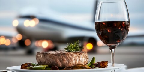 Exclusive Dining Experience Gourmet Steak and Fine Wine at a Private Jet Terminal Lounge Setting