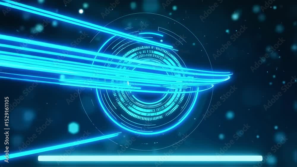 Poster blue light streams past circular design. digital elements glow in dark space. lines of energy pass a