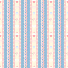 Flowers  cupcake  bow on Fabric pattern , pink and yellow lines pattern, gift wrapping paper , seamless pattern 