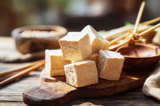 closeup shot ready to serve Stinky Tofu on wooden table soft natural light