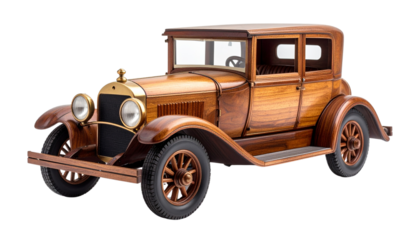 Handcrafted wooden vintage car model, showcasing intricate detailing and smooth finish isolated on solid white  background