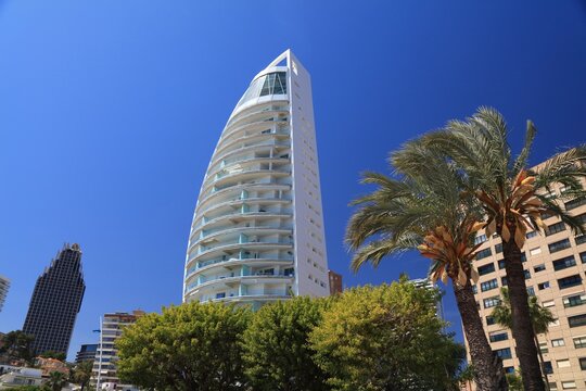 BENIDORM, SPAIN - APRIL 9, 2025: Delfin Tower apartment building in Poniente neighborhood of Benidorm, Spain.