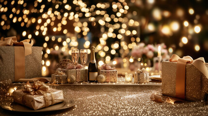 Festive holiday setup with glowing lights, wrapped gifts, and champagne on an elegant table, celebrating warmth and joy