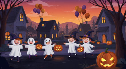 Children in Halloween costumes playing in spooky neighborhood at dusk  
