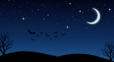 Night sky with crescent moon and flying bats over hills  