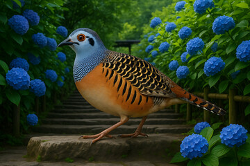 Obraz premium Vibrant Mountain Quail Amidst Lush Blue Hydrangeas on Stone Steps