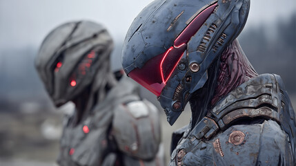 Fototapeta premium Futuristic biomechanical soldiers with damaged armor and glowing red visors, cybernetic humanoids in a dystopian environment, close-up cinematic shot of sci-fi warriors 