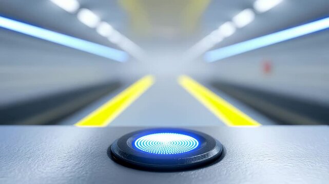 Futuristic Corridor Button: A close-up view of a glowing blue button situated in a sleek, futuristic corridor with yellow lines marking the pathway. The scene is bathed in cool, ambient lighting.