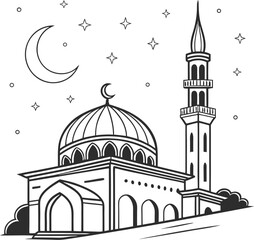 Simple Line Art of Mosque with Crescent Moon and Stars in a Night Sky