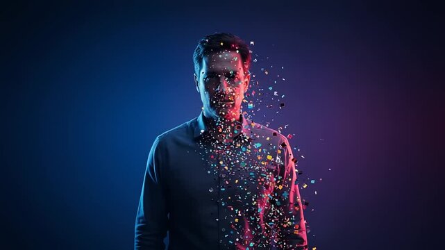 Surreal disintegration portrait of a man in neon light with particle effect concept