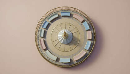 Aerial view of vintage carousel with pastel colored seats on soft pink background, evoking nostalgia and whimsy. intricate design and muted tones create charming, playful atmosphere