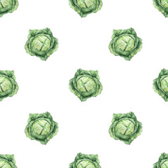 Seamless pattern with white cabbage. Watercolor cute background with green vegetables.