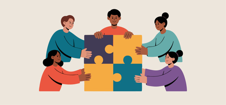 diverse team holding puzzle pieces together, vector illustration for collaboration and unity
