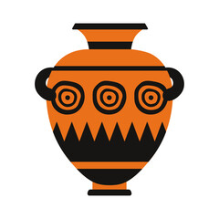Ancient Greek vase illustration with bold circular motifs and zigzag patterns in classic black and orange colors. Ideal for historical, archaeological, and mythology-themed creative projects.