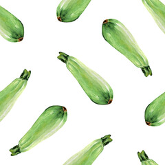 Seamless pattern with vegetable marrow. Watercolor cute background with zucchini, green vegetables.