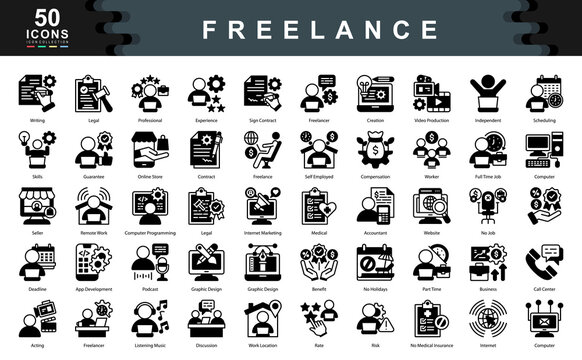 The Freelance black icon set defines key drivers of independent work such as flexibility, skill based income, and contract engagement, ideal for remote platforms, gig economy, and creative industries.