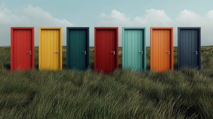 A vibrant array of seven colorful doors in a lush green field invites contemplation about choices, opportunities, and the various paths life may offer.