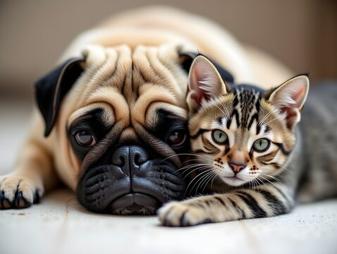 Pug and striped cat lie affectionately together, highlighting endearing companionship