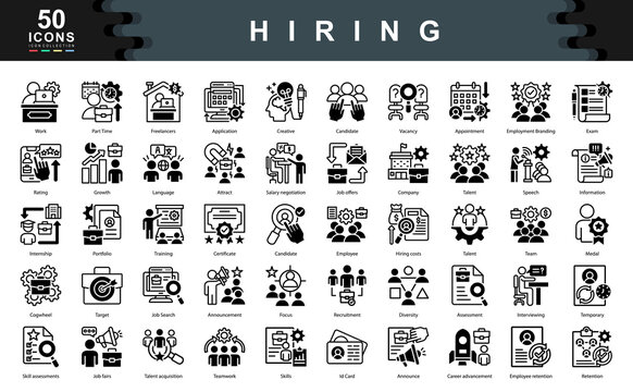 The Hiring black icon set captures essential aspects of recruitment, from talent acquisition to onboarding, ideal for HR solutions, job platforms, and career development tools.