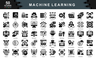 Machine Learning black icon set illustrates essential concepts like algorithms, neural networks, and data analysis ideal for tech presentations, AI platforms, and educational content.