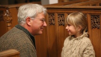 Tender Moment Between Grandfather and Granddaughter in Church Setting, Sharing Joyful Conversation in Cozy Sweaters and Warm Atmosphere