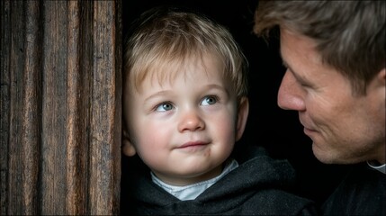 Tender Moment Between Father and Child in Rustic Setting Showcasing Love, Joy, and Connection Through a Sweet Smile and Warm Expression